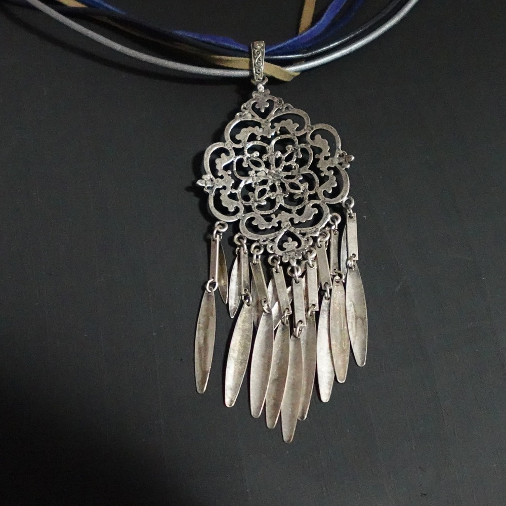 Boho Silver Tone Filigree Dangle Pendant Multi Strand Cord Necklace - Picture 8 of 8